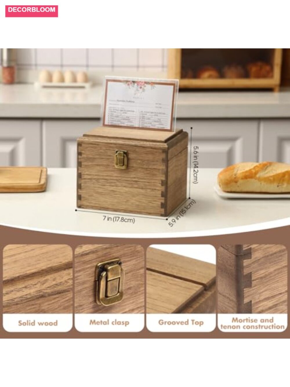 Wooden Recipe Box with 100 Cards, Dividers, Acrylic Shield - Picture 2 of 6